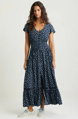 Print Smocked Waist Ruffle Hem Maxi Dress